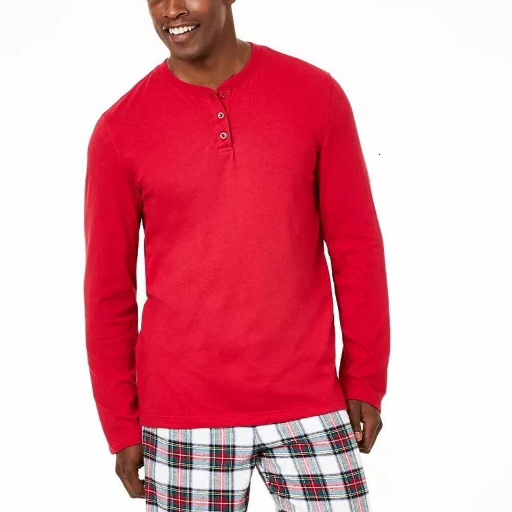 Family Pajamas Men's Knit Henley Pajama Top, Solid Red, Small